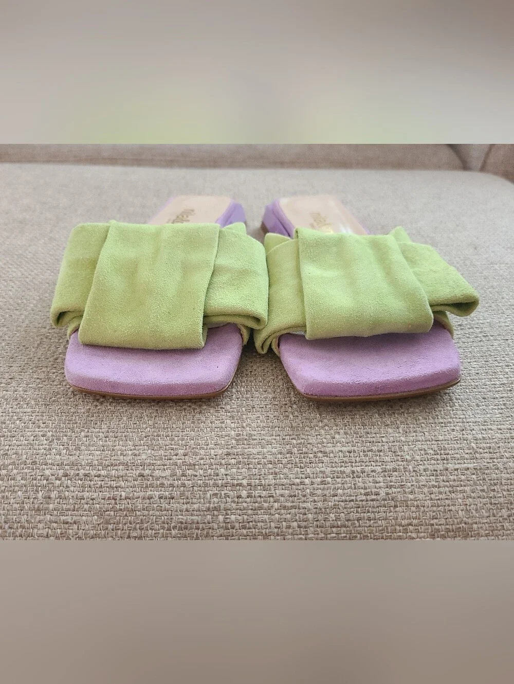 Nila & Nila ltaly Block Heel Bow Slides Green Purple NEW SIZE 5.5